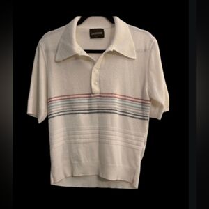Lahmar Men's White knit Striped Polo Shirt. Size large